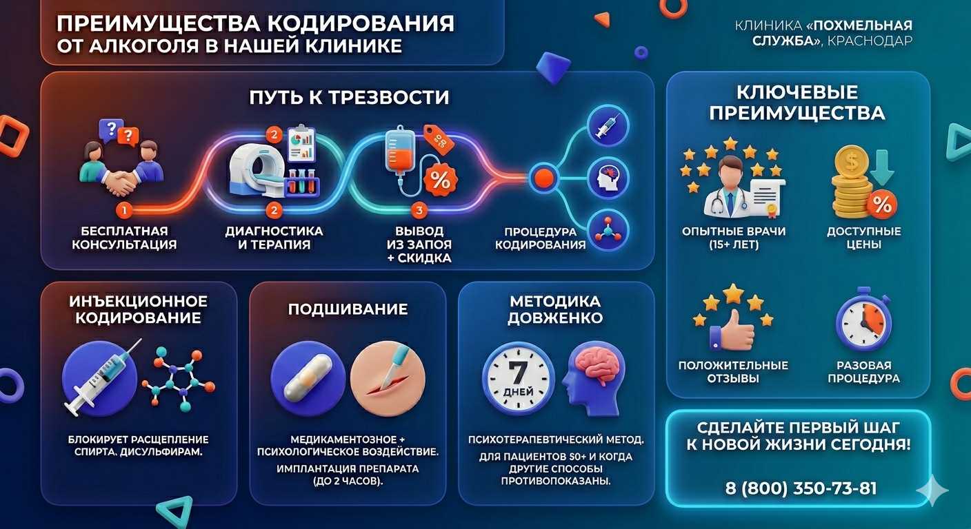 Инфографика о методах кодирования от алкоголя в Бачатском: инъекции, подшивание, метод Довженко. Преимущества клиники и этапы лечения.